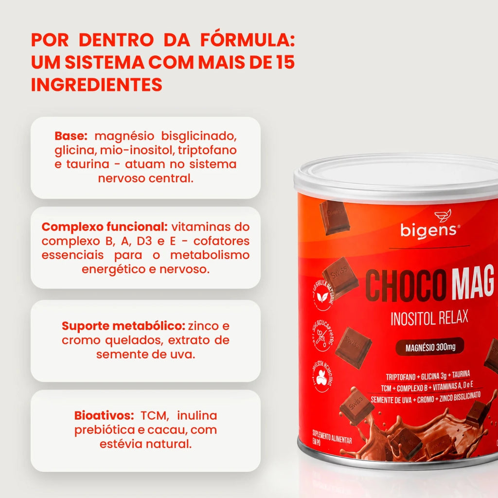 Choco Mag Inositol Relax | Sabor Chocolate Suíço, Magnésio 300mg, 200g - Magnésio - Bigens