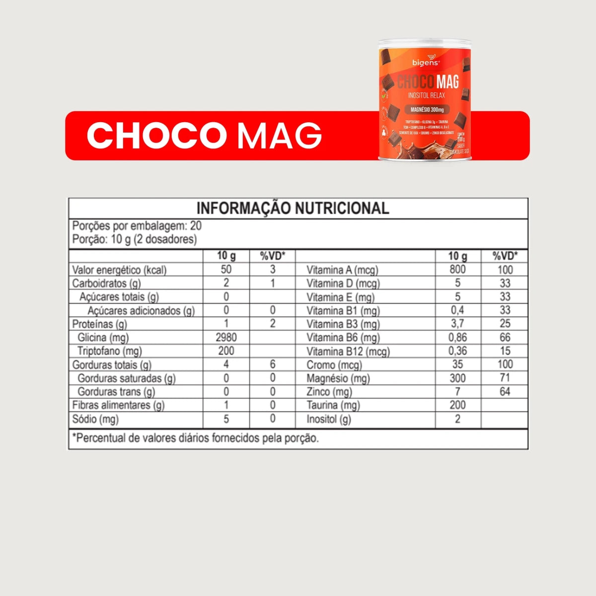 Choco Mag Inositol Relax | Sabor Chocolate Suíço, Magnésio 300mg, 200g - Magnésio - Bigens