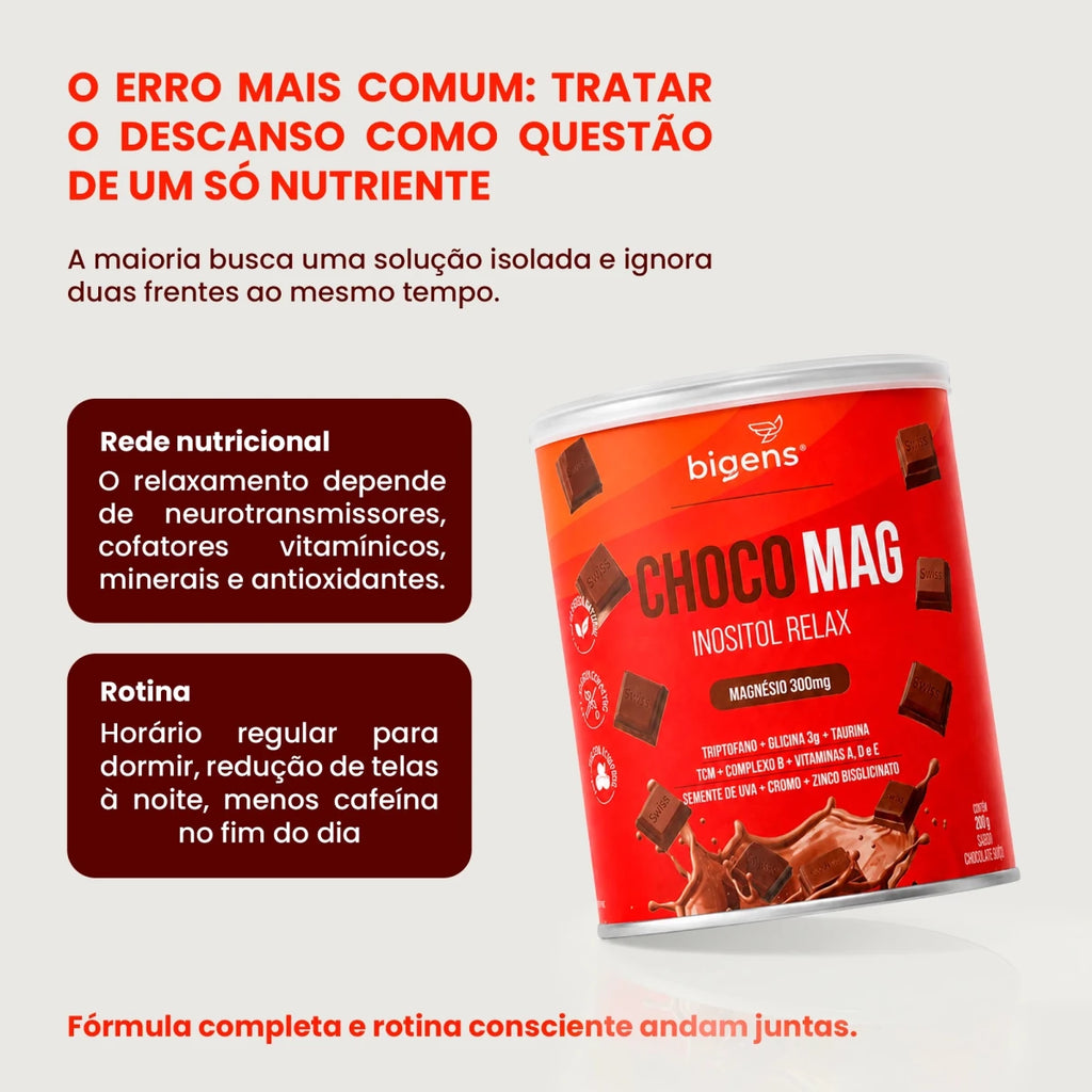 Choco Mag Inositol Relax | Sabor Chocolate Suíço, Magnésio 300mg, 200g - Magnésio - Bigens