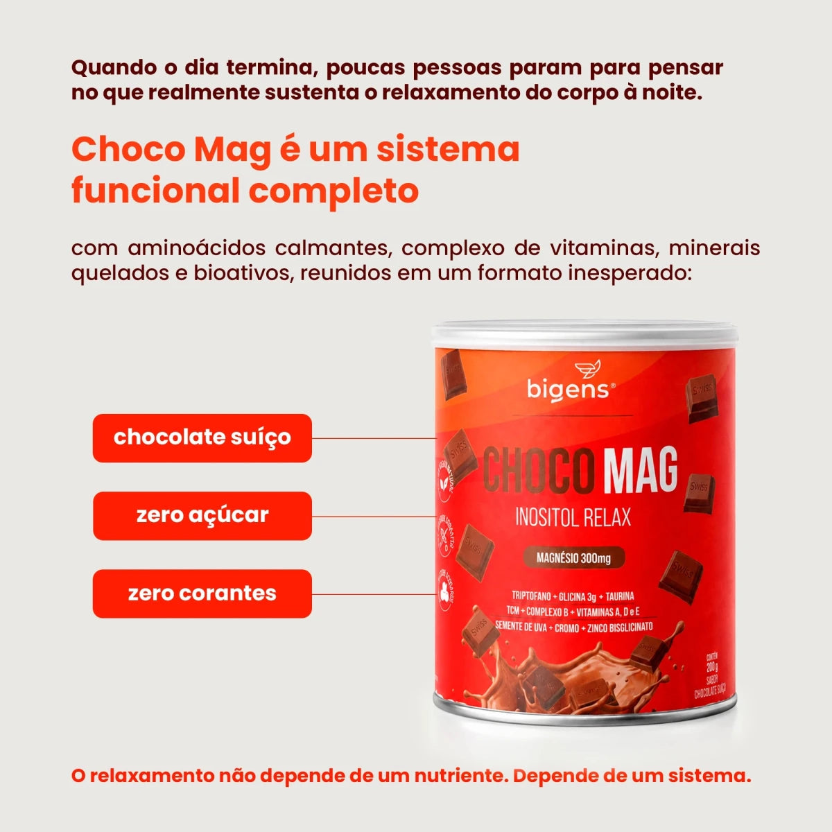 Choco Mag Inositol Relax | Sabor Chocolate Suíço, Magnésio 300mg, 200g - Magnésio - Bigens