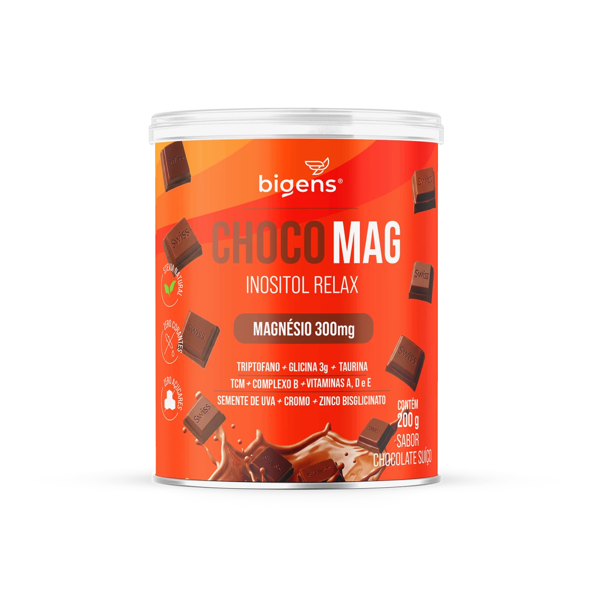 Choco Mag Inositol Relax | Sabor Chocolate Suíço, Magnésio 300mg, 200g - Magnésio - Bigens