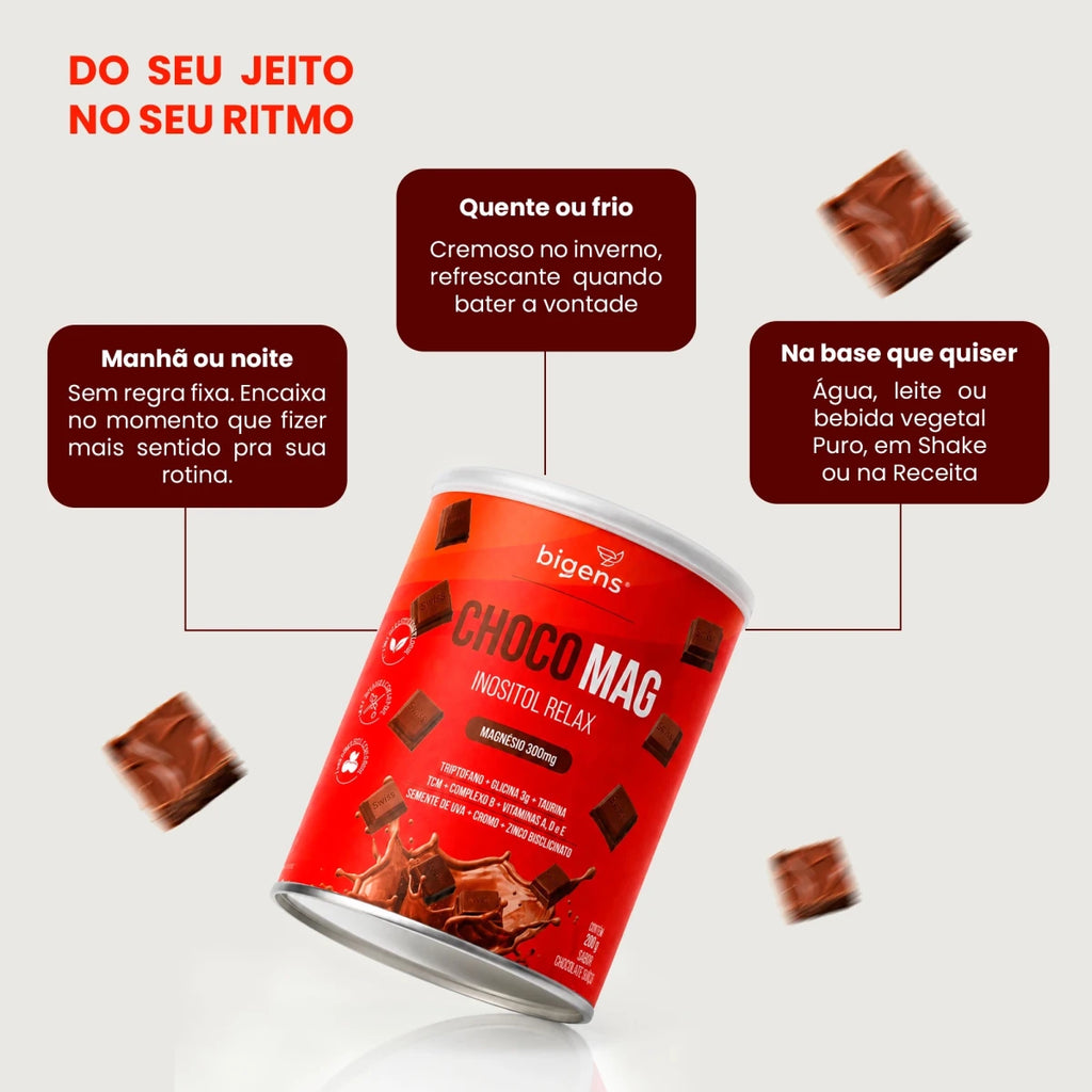 Choco Mag Inositol Relax | Sabor Chocolate Suíço, Magnésio 300mg, 200g - Magnésio - Bigens