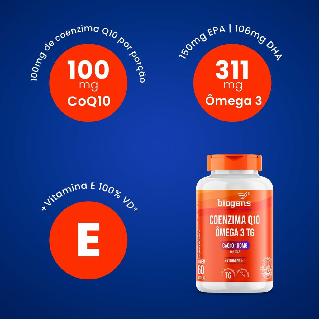 Coenzima Q10 + Ômega 3 | Q10 100mg + Ômega 3 311mg + Vit. E 15mg 60 Cápsulas - Bigens