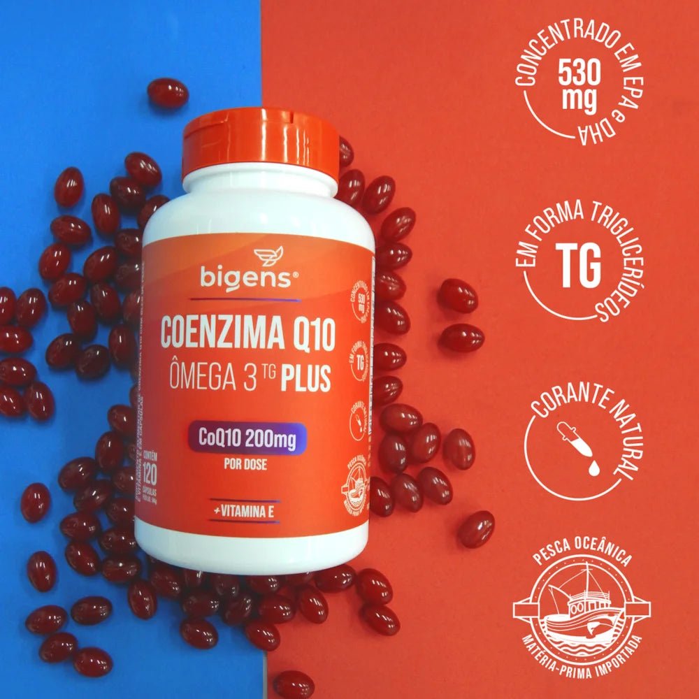 Coenzima Q10 Plus + Ômega 3 TG | Q10 200mg + Ômega 3 622mg + Vit. E 30mg 120 Cápsulas - Bigens