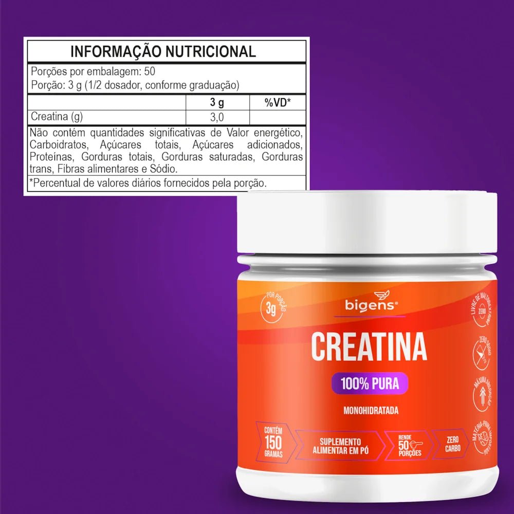 Creatina Pura em Pó | 100% Pura 150 ou 300g - aminoácido, omega - Bigens