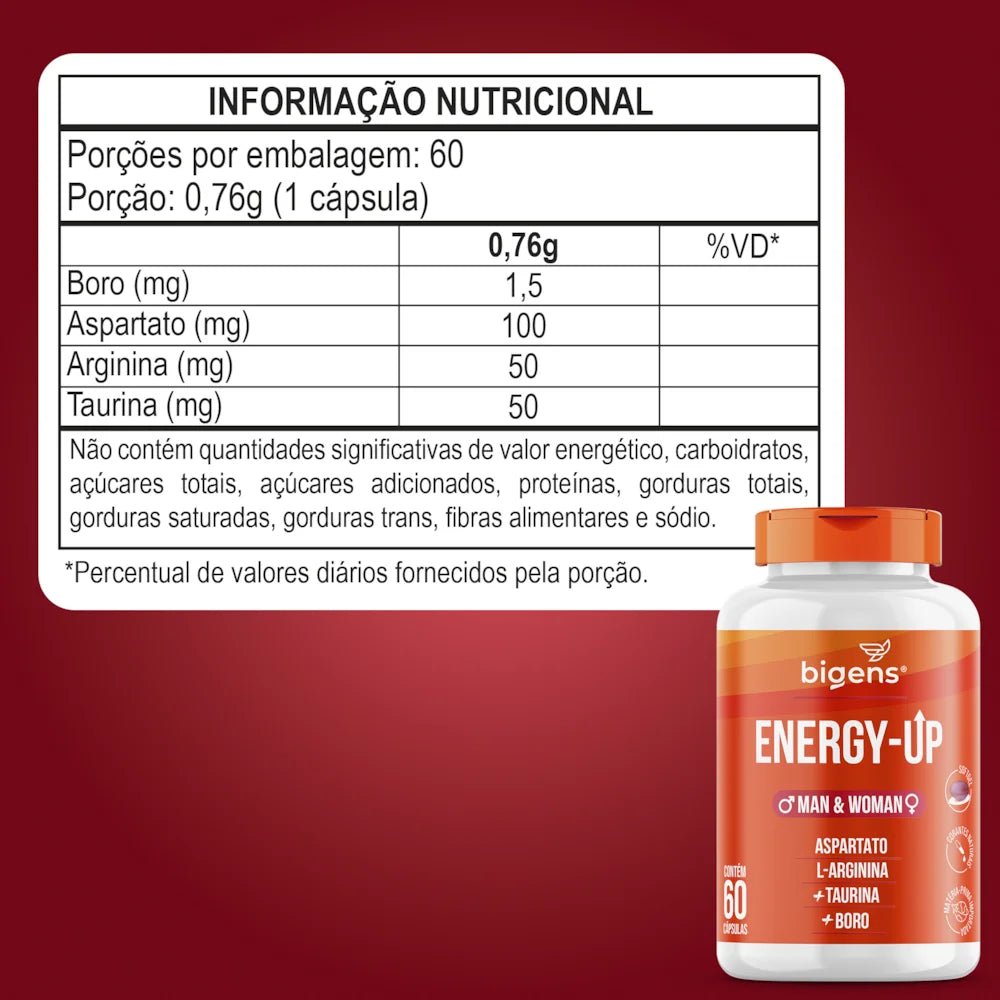 Energy Up | Aspartato + L - Arginina + Taurina + Boro 60 Cápsulas - Bigens