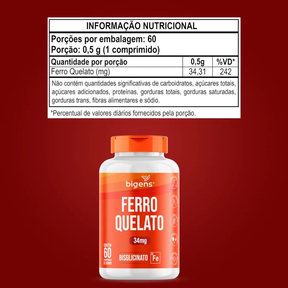 Ferro Quelato | 34mg Bisglicinato 60 Comprimidos - Bigens
