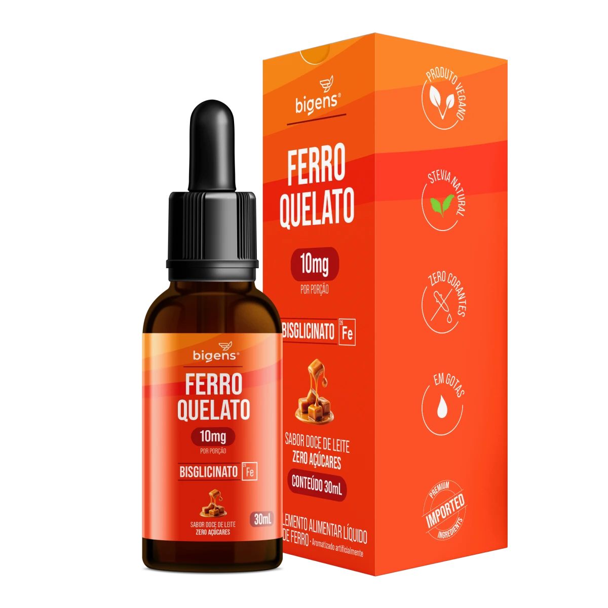Ferro Quelato Gotas | Sabor Doce de Leite Bisglicinato 30ml - Bigens