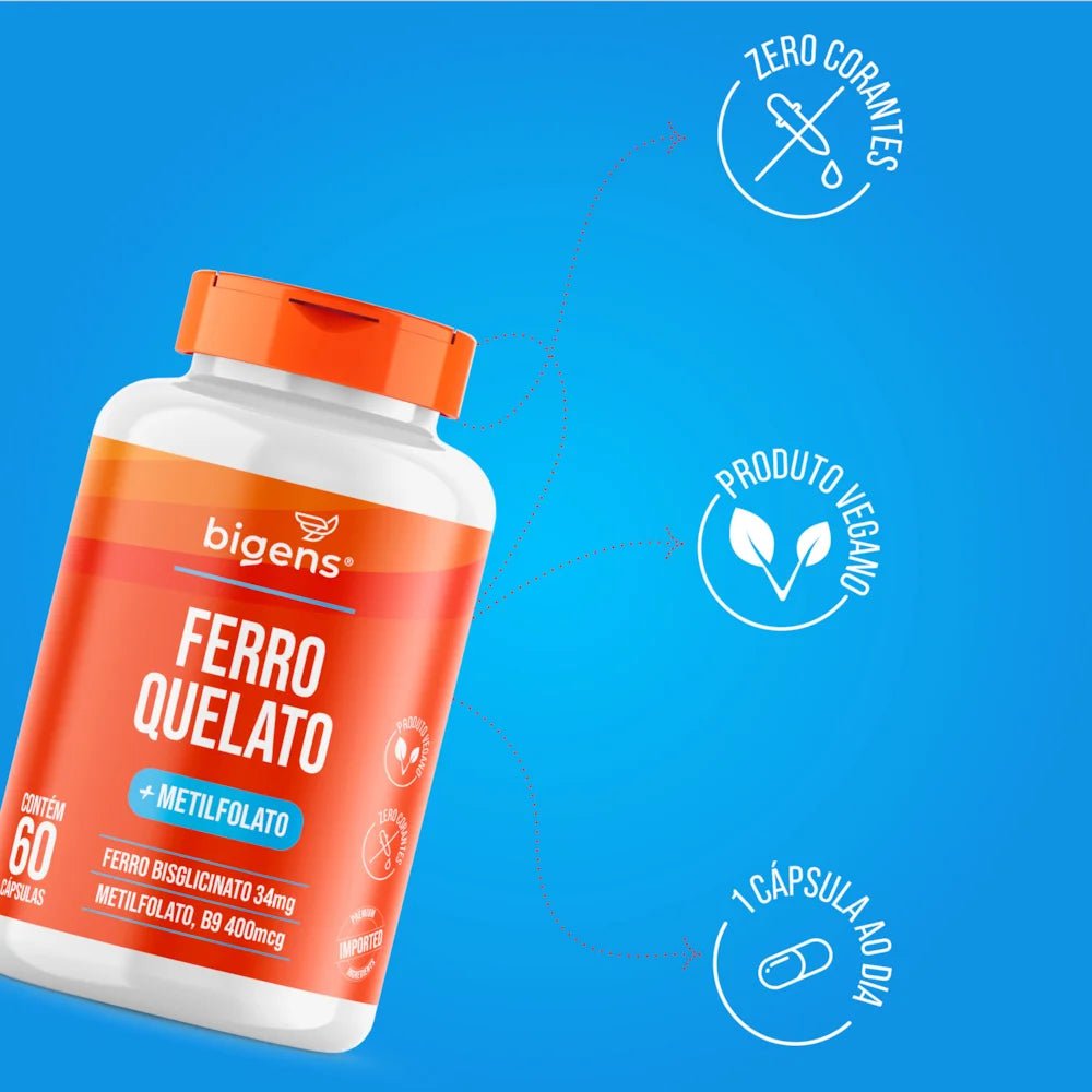 Ferro Quelato + Metilfolato | 34mg Bisglicinato + B9 60 Cápsulas - Bigens