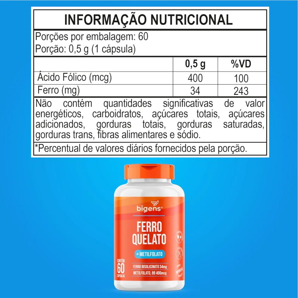 Ferro Quelato + Metilfolato | 34mg Bisglicinato + B9 60 Cápsulas - Bigens