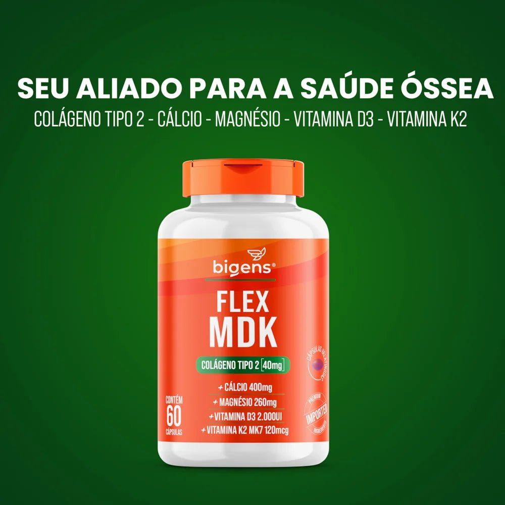 Flex MDK | Colágeno Tipo 2 + Cálcio + Magnésio + Vit. D3 e K2 60 Cápsulas - Bigens