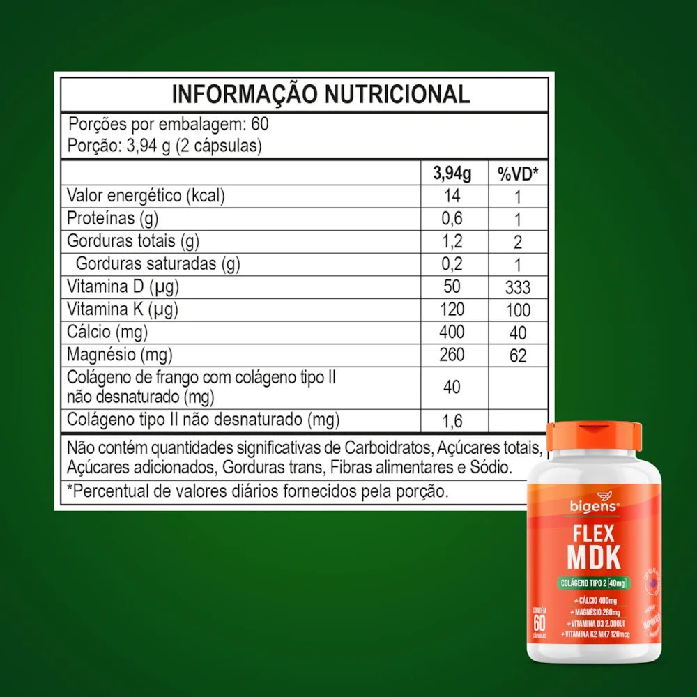 Flex MDK | Colágeno Tipo 2 + Cálcio + Magnésio + Vit. D3 e K2 60 Cápsulas - Bigens