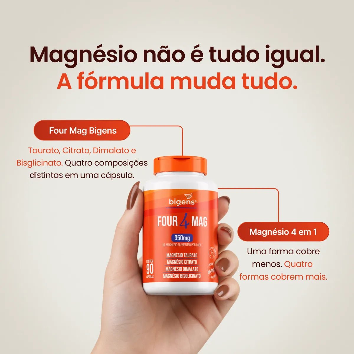 Four Mag | Magnésio 4 em 1: Taurato + Citrato + Dimalato + Bisglicinato 90 Cápsulas - Magnésio - Bigens
