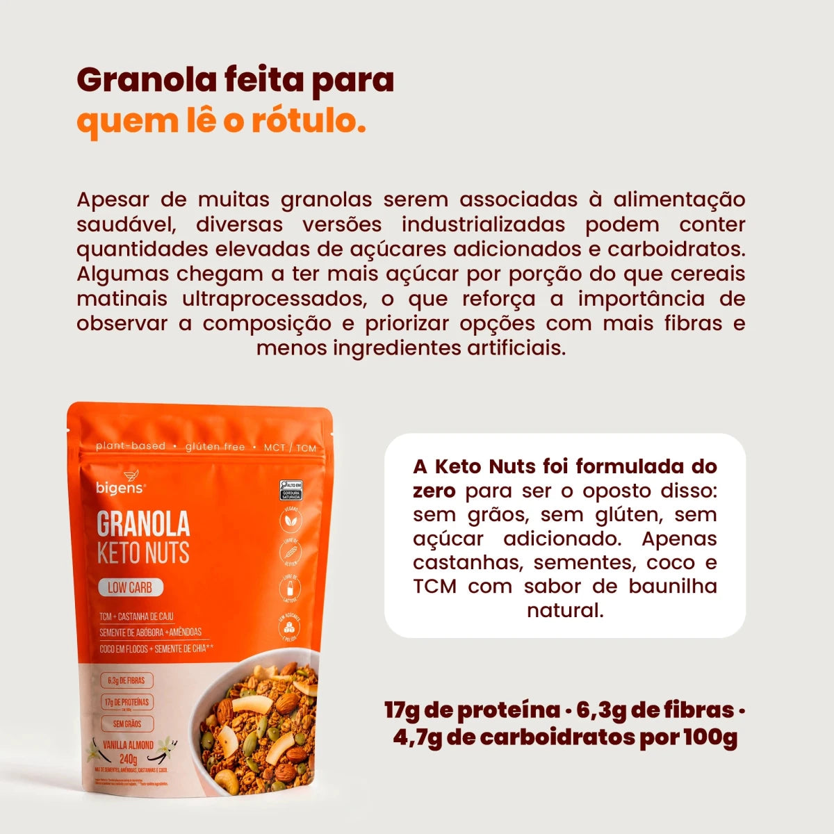 Granola Keto Nuts | Low Carb Vanilla Almond 240g - Fibras - Bigens