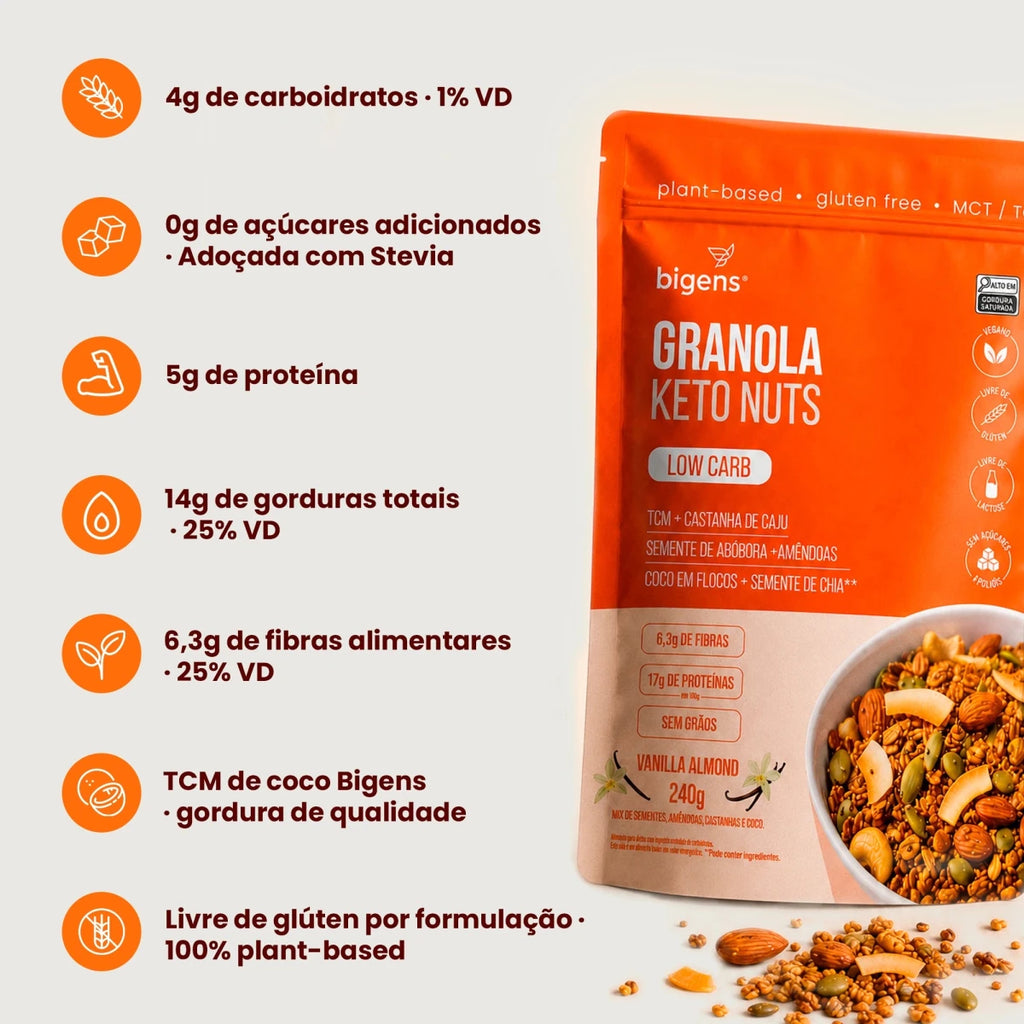 Granola Keto Nuts | Low Carb Vanilla Almond 240g - Fibras - Bigens