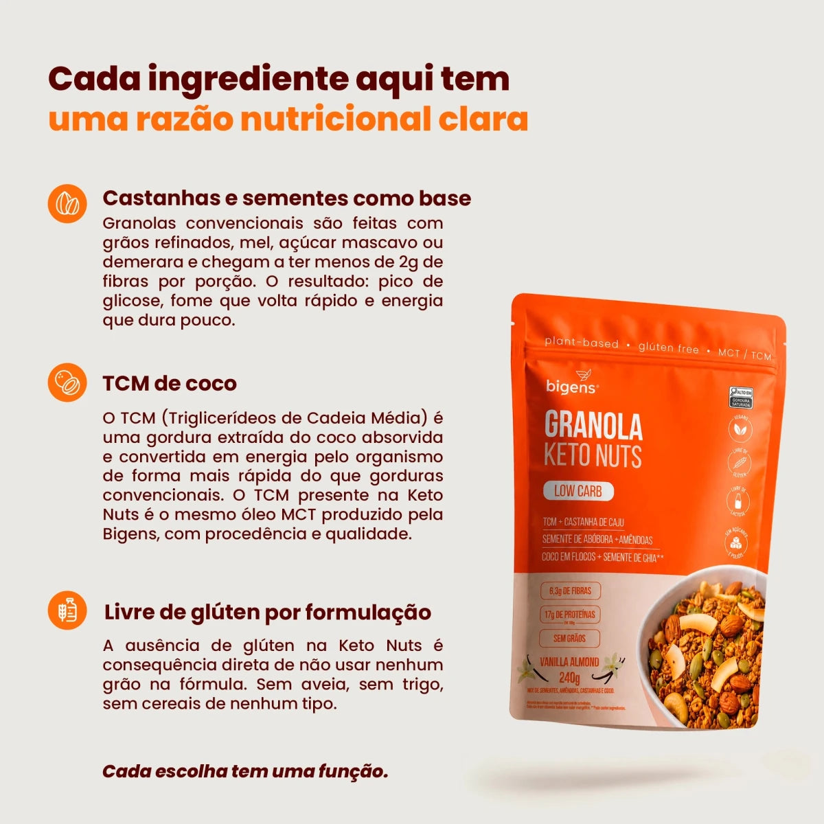 Granola Keto Nuts | Low Carb Vanilla Almond 240g - Fibras - Bigens