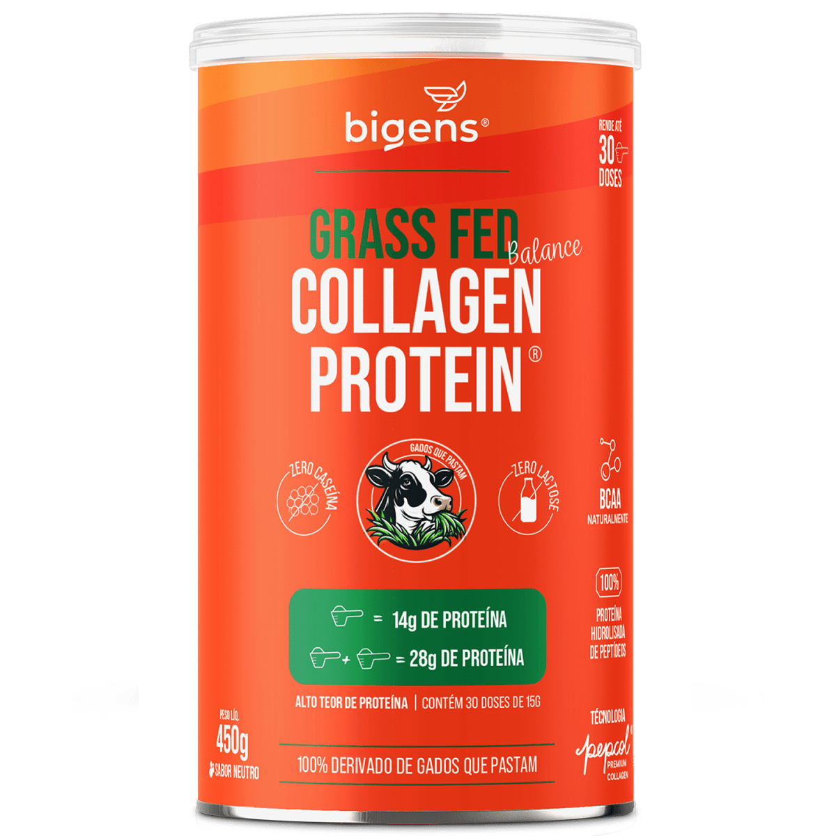 Grass Fed Balance Collagen Protein Neutro | 100% Proteína Hidrolisada de Peptídeos 450g - Bigens