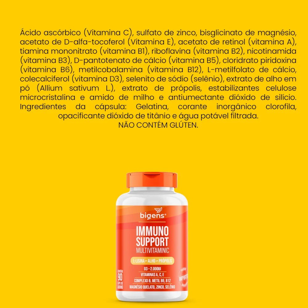 Immuno Support Multivitaminic | L - Lisina + Alho + Própolis 90 Cápsulas - Bigens