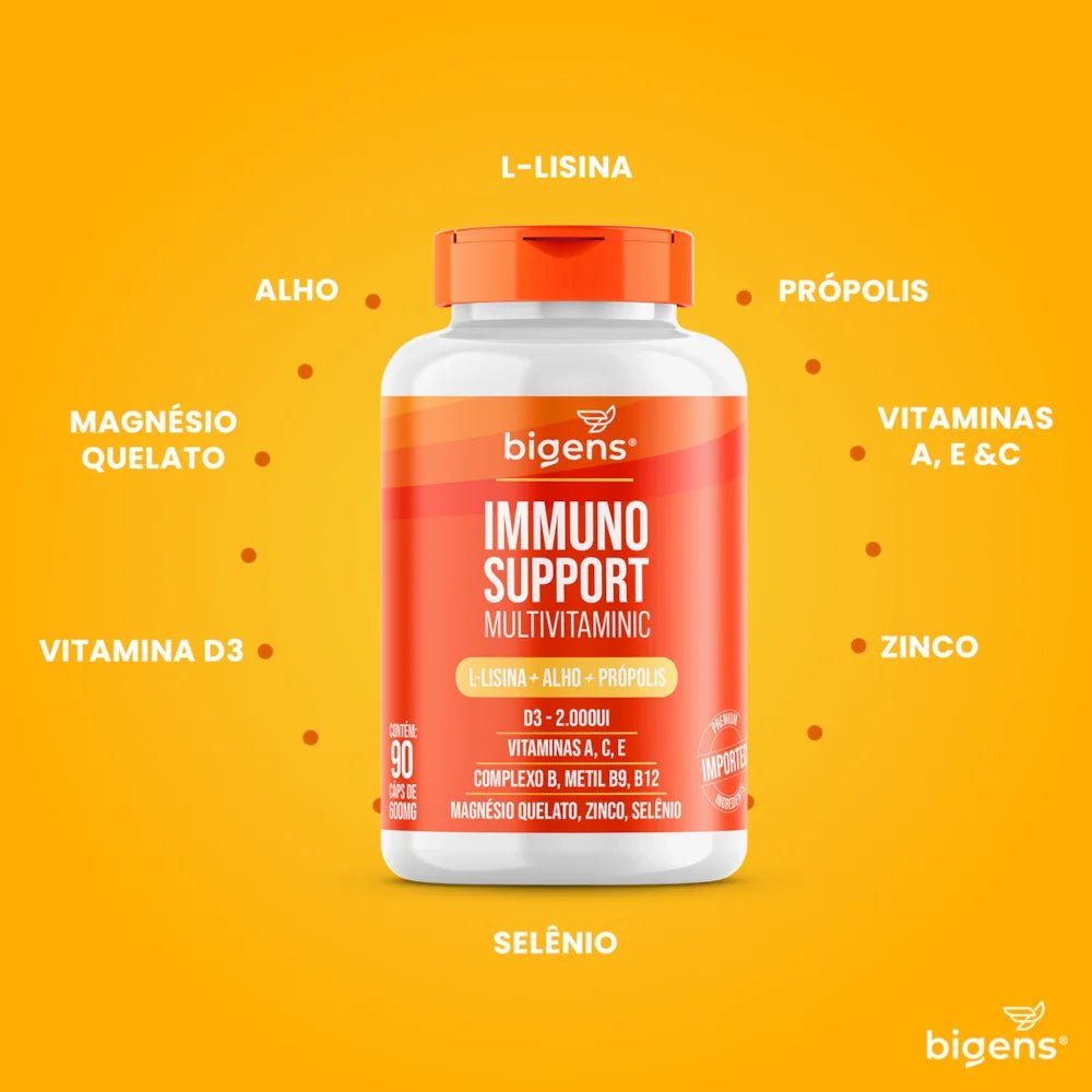 Immuno Support Multivitaminic | L - Lisina + Alho + Própolis 90 Cápsulas - Bigens