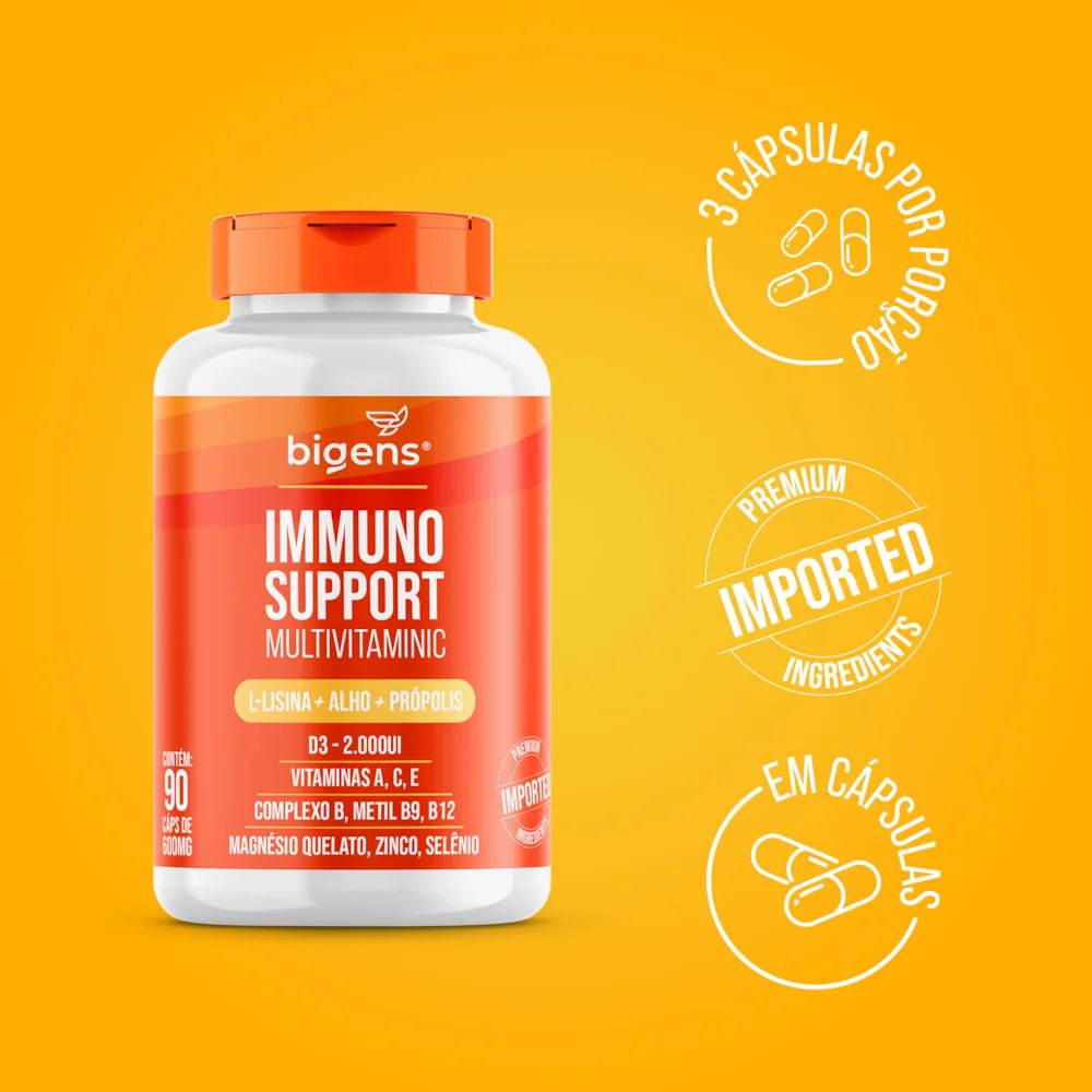 Immuno Support Multivitaminic | L - Lisina + Alho + Própolis 90 Cápsulas - Bigens