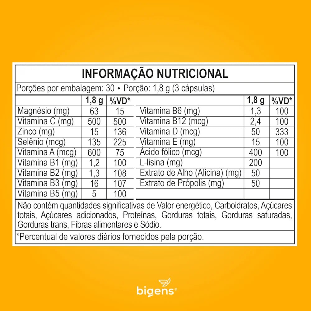 Immuno Support Multivitaminic | L - Lisina + Alho + Própolis 90 Cápsulas - Bigens