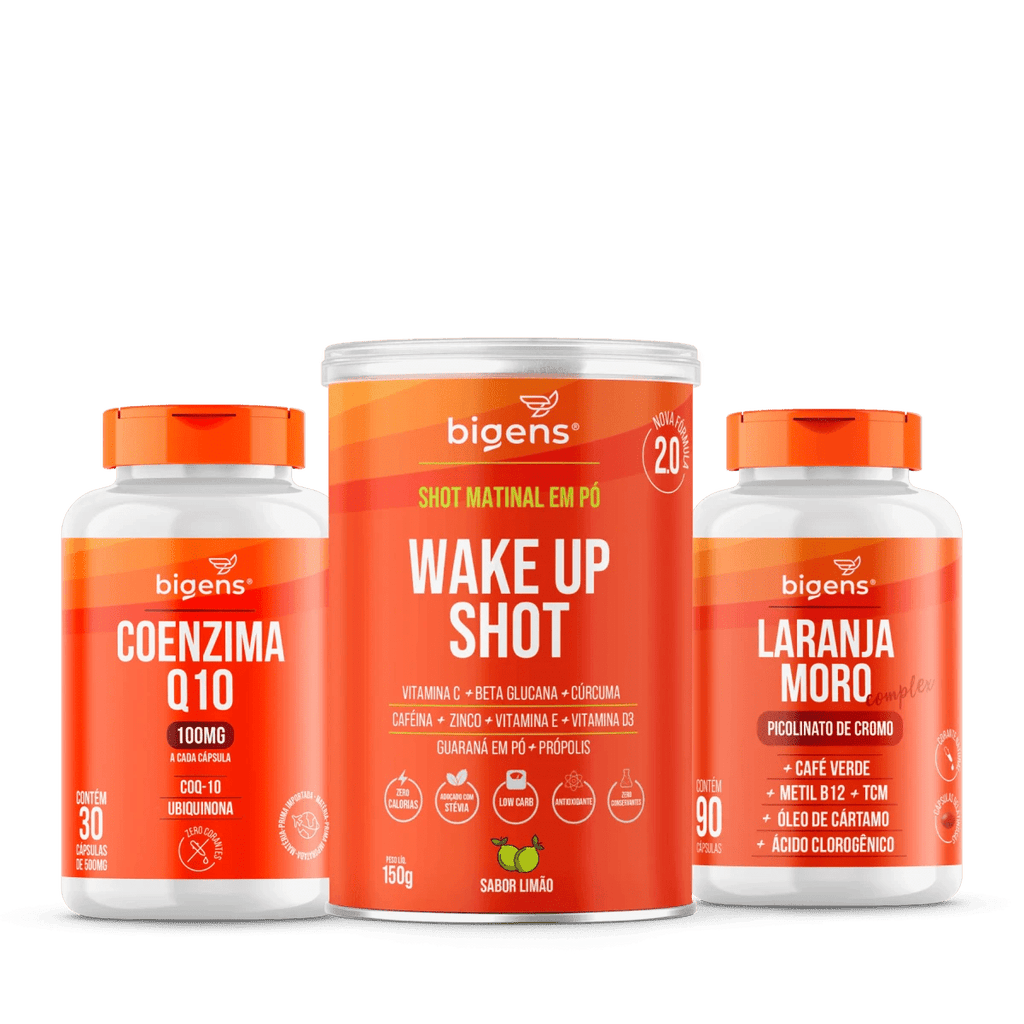 Kit Energia e Disposição: Wake Up Shot Laranja Moro + Coenzima Q10 100mg | Bigens - Bigens