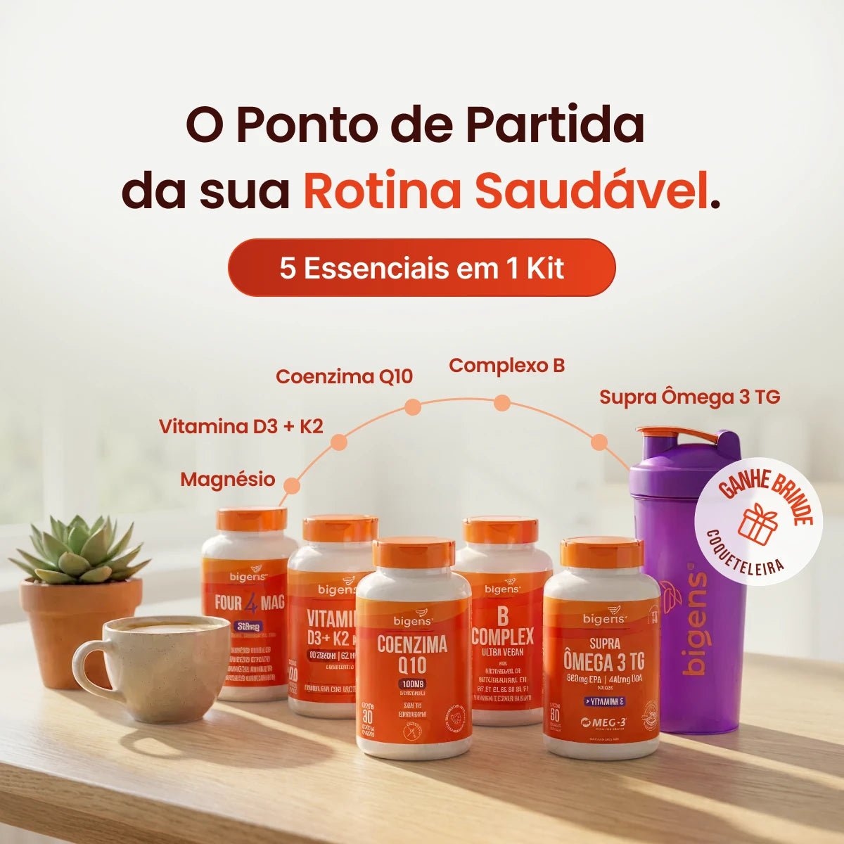 Kit Essenciais: Q10 + Ômega 3 + Magnésio + Complexo B + D3 + Brinde - Bigens