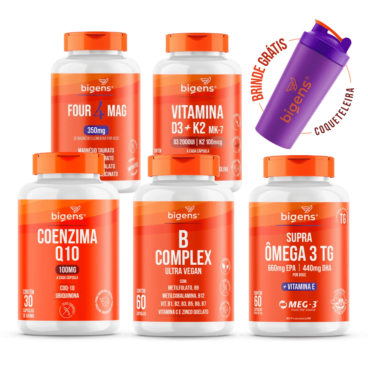 Kit Essenciais: Q10 + Ômega 3 + Magnésio + Complexo B + D3 + Brinde - Bigens