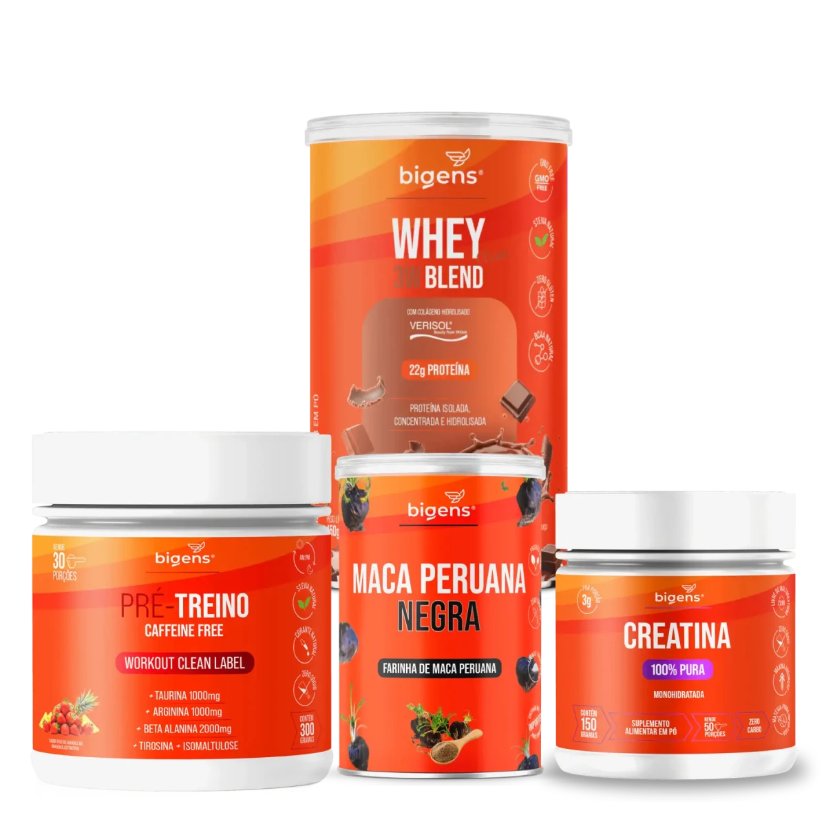 Kit Performance Bigens: Whey, Creatina, Pré - Treino e Maca Peruana - Bigens