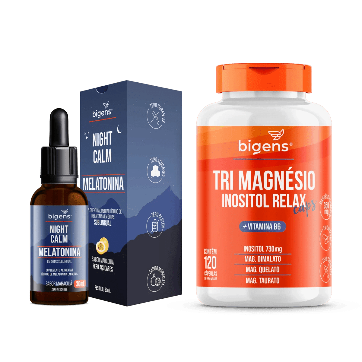Kit Sono Profundo - Night Calm Melatonina Maracujá + Tri Magnésio Inositol relax - Bigens