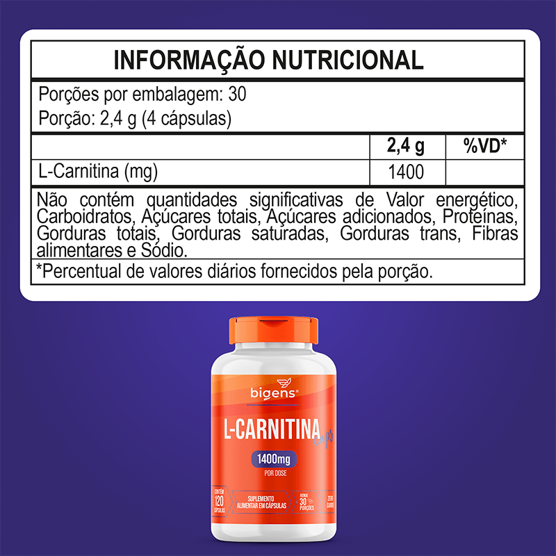 L - Carnitina | 1.400mg de L - Carnitina 120 Cápsulas - Bigens