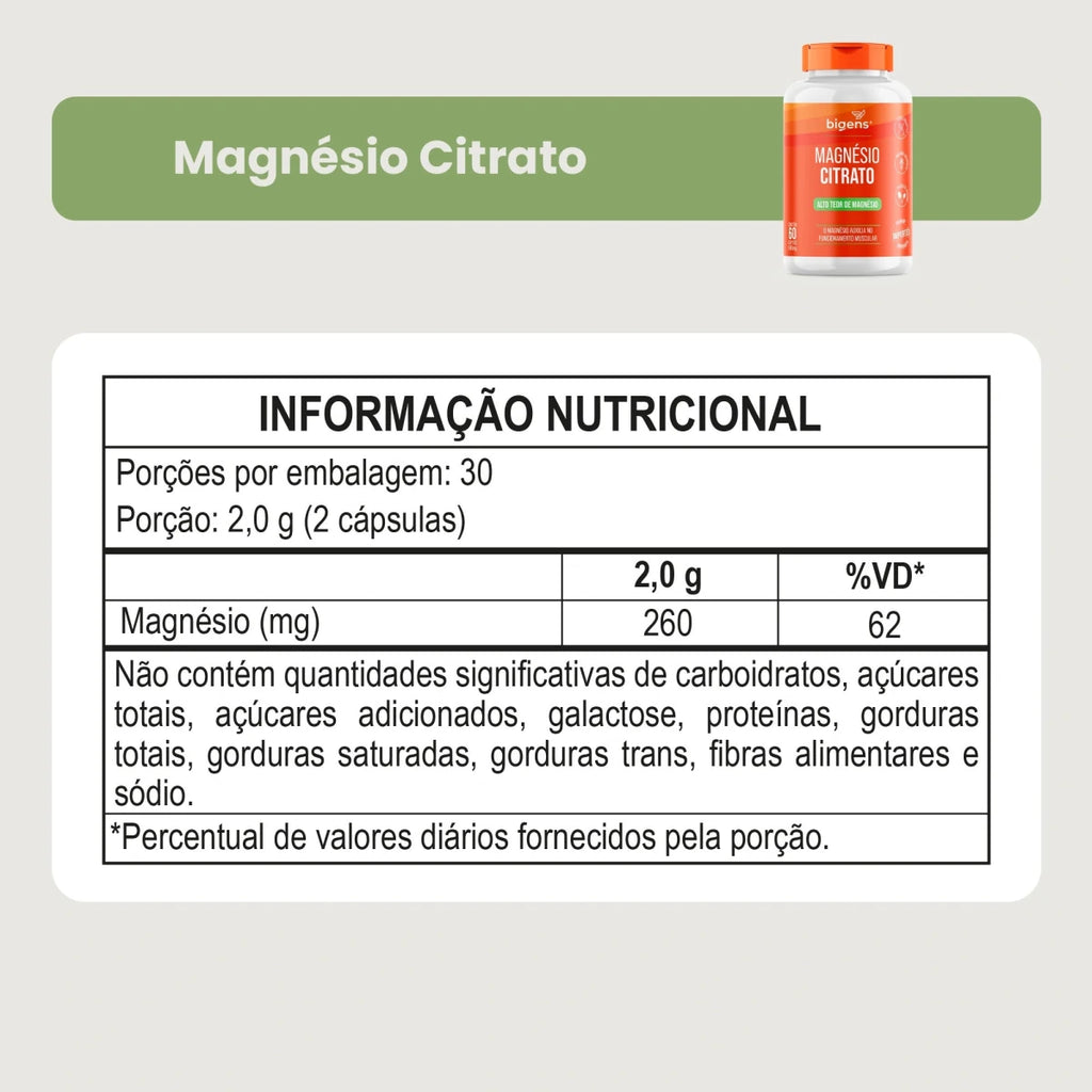 Magnésio Citrato | 260mg de Magnésio Elementar 60 Cápsulas - Bigens