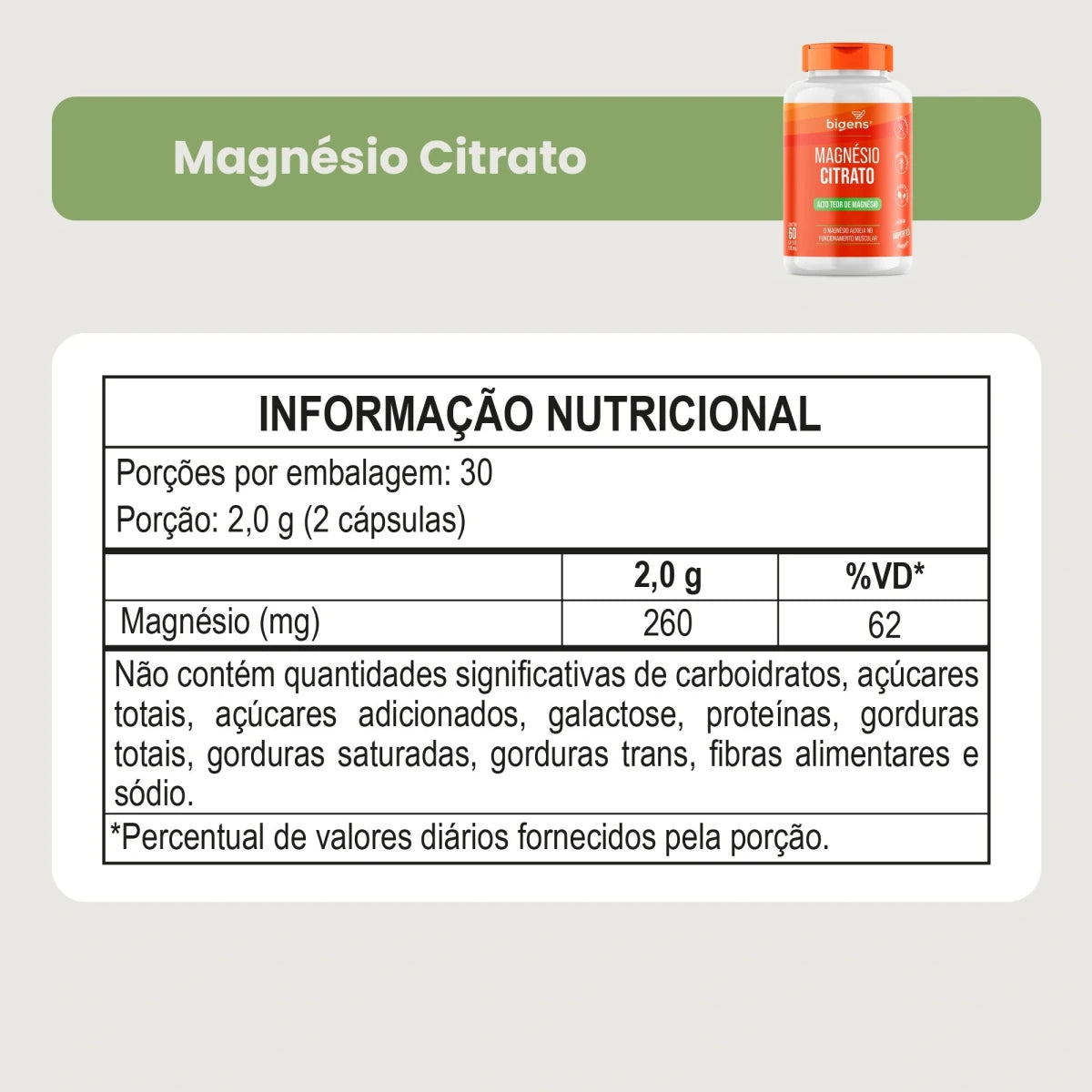 Magnésio Citrato | 260mg de Magnésio Elementar 60 Cápsulas - Bigens
