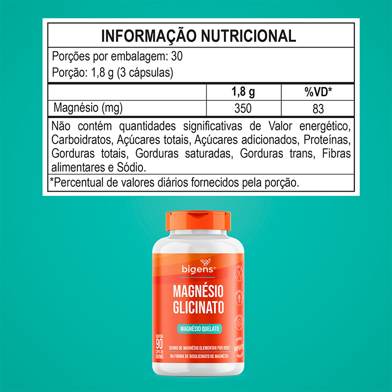 Magnésio Glicinato | 350mg de Magnésio Elementar 90 Cápsulas - Bigens