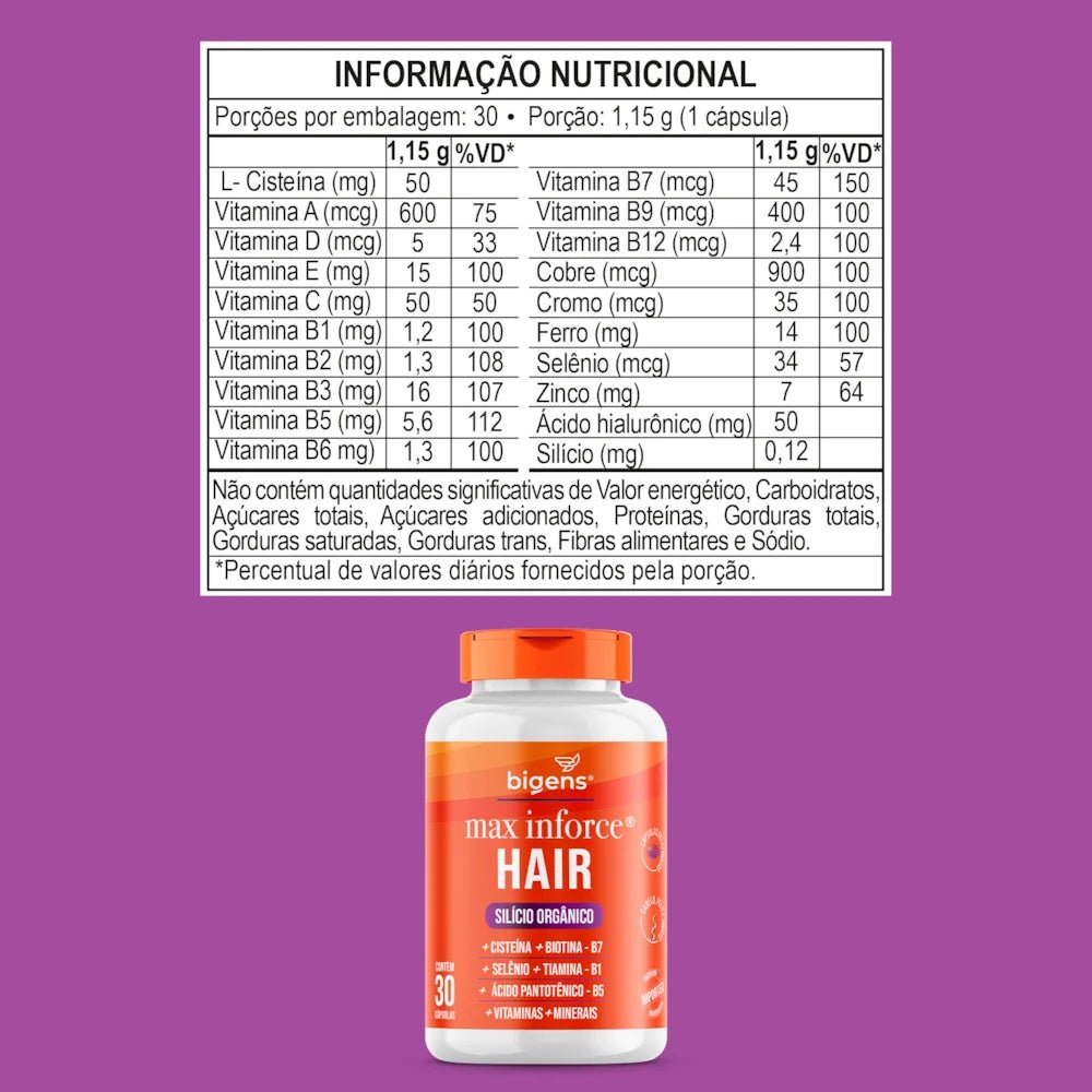 Max Inforce Hair | Silício Orgânico 30 Cápsulas - Bigens