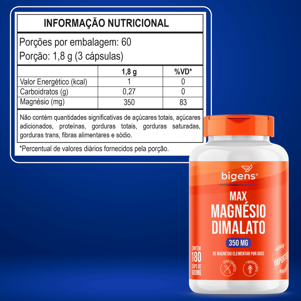 Max Magnésio Dimalato | 350mg de Magnésio Elementar 180 Cápsulas - Bigens
