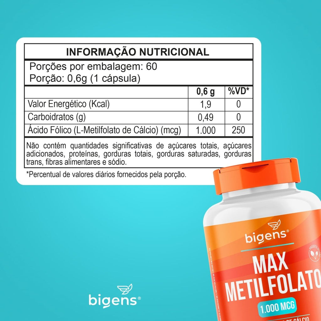 Max Metilfolato | L - Metilfolato de Cálcio 1000mcg 60 Cápsulas - Bigens