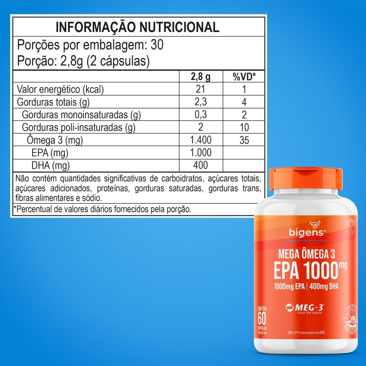 Mega Ômega 3 | EPA 1000mg DHA 400mg 60 Cápsulas - Bigens