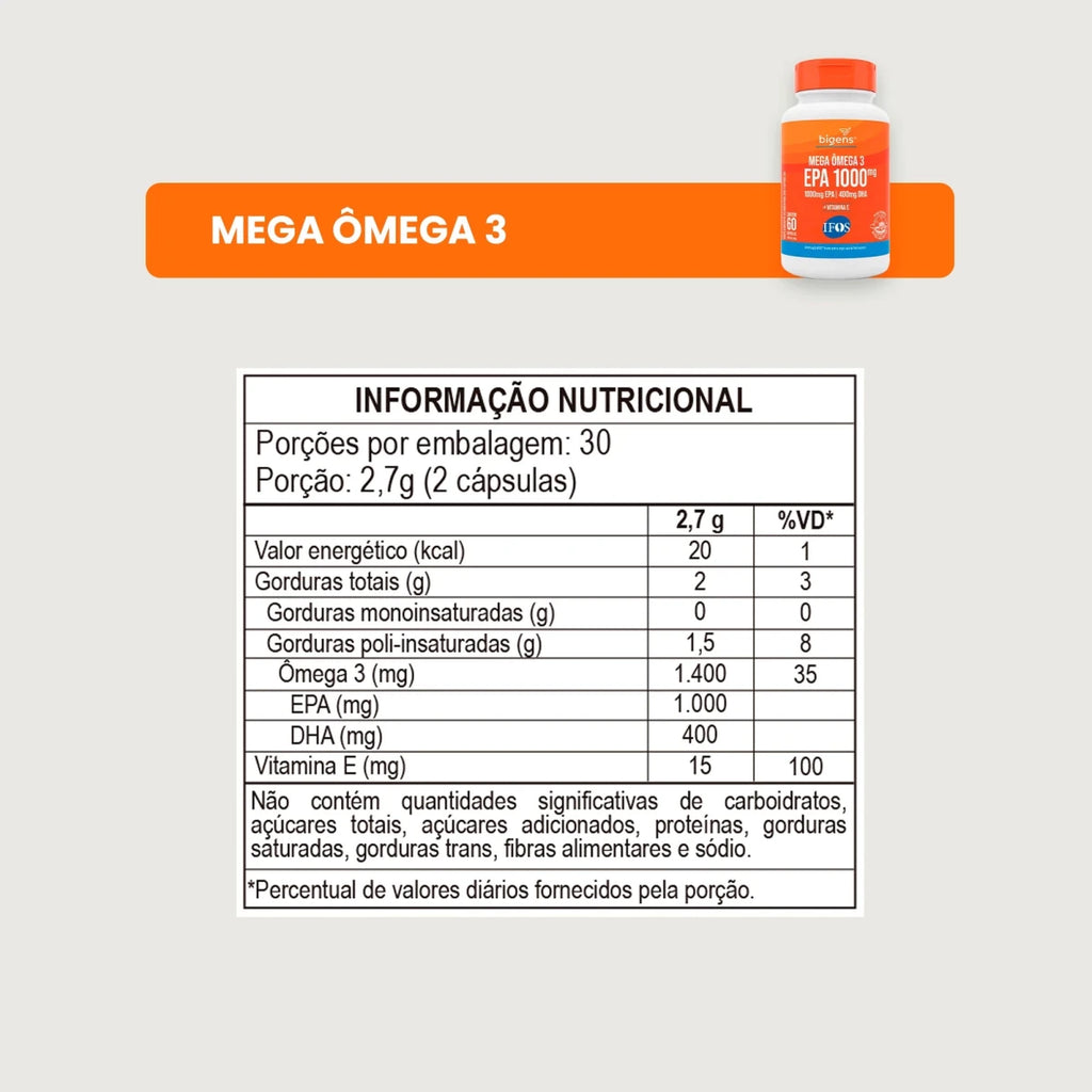 Mega Ômega 3 | IFOS EPA 1000mg DHA 400mg 60 Cápsulas - Ômega 3 - Bigens