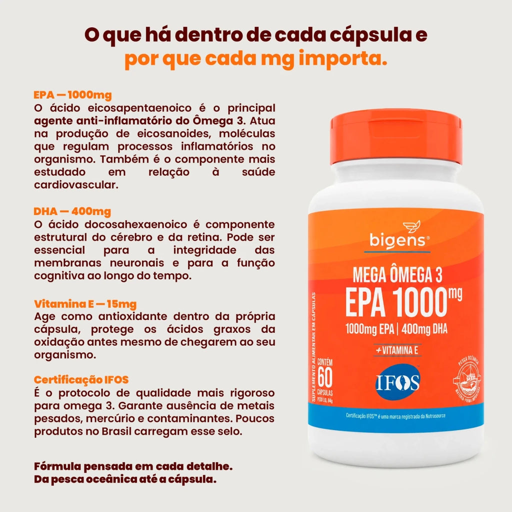 Mega Ômega 3 | IFOS EPA 1000mg DHA 400mg 60 Cápsulas - Ômega 3 - Bigens