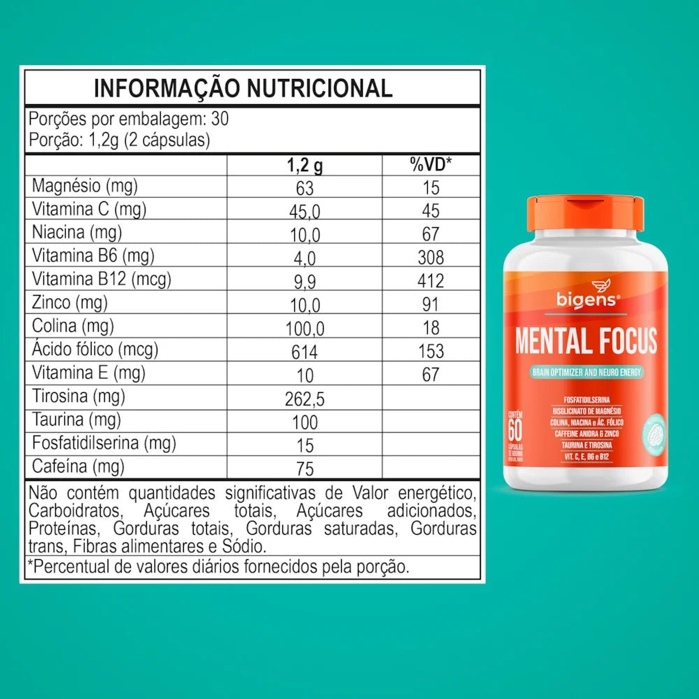 Mental Focus | Otimizador Cerebral 60 Cápsulas - Bigens