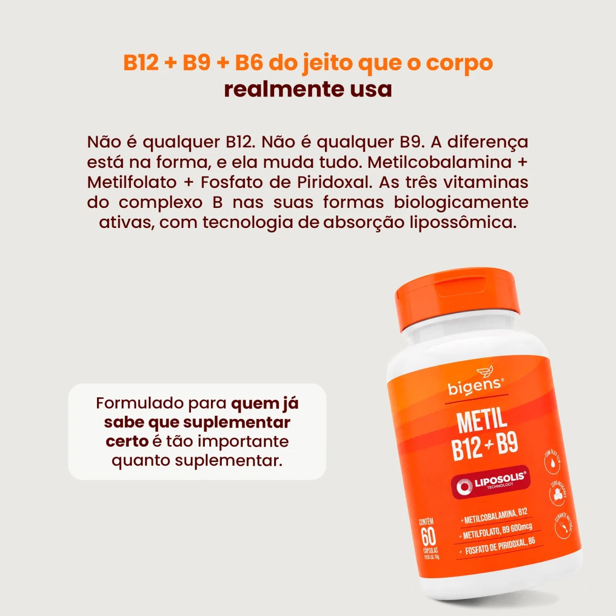Metil B12 + B9 Liposolis® | Com Óleo TCM 60 cápsulas - Complexo B - Bigens