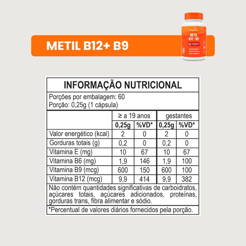 Metil B12 + B9 Liposolis® | Com Óleo TCM 60 cápsulas - Complexo B - Bigens