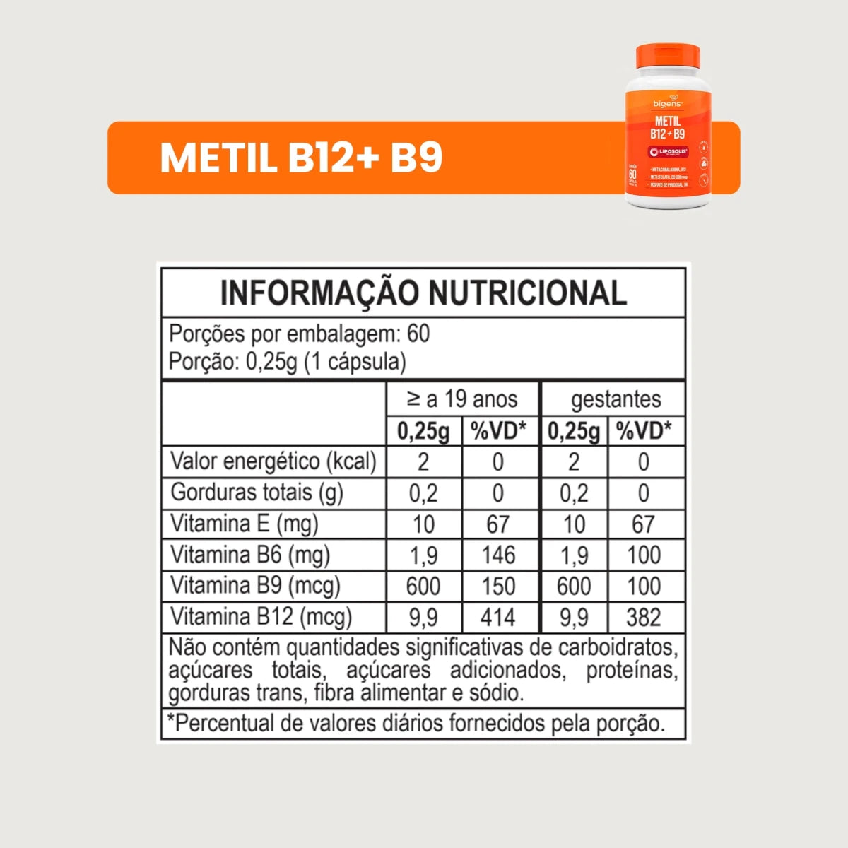 Metil B12 + B9 Liposolis® | Com Óleo TCM 60 cápsulas - Complexo B - Bigens