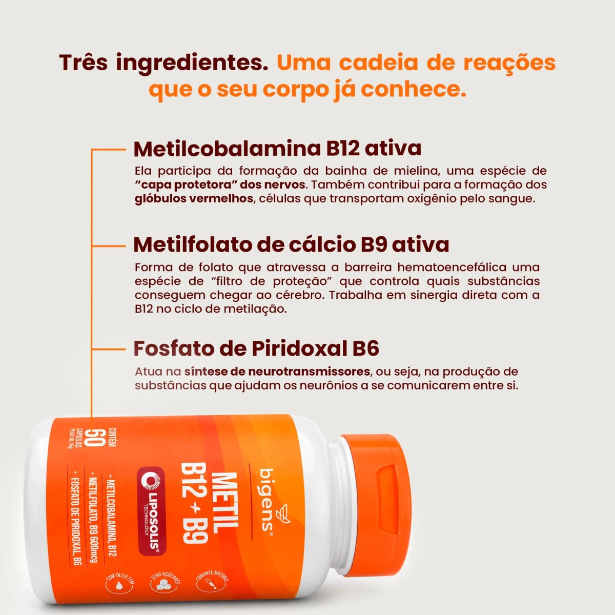 Metil B12 + B9 Liposolis® | Com Óleo TCM 60 cápsulas - Complexo B - Bigens