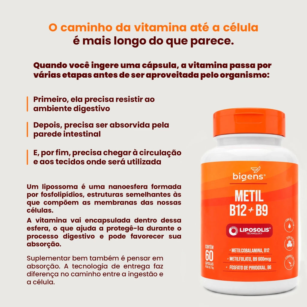 Metil B12 + B9 Liposolis® | Com Óleo TCM 60 cápsulas - Complexo B - Bigens