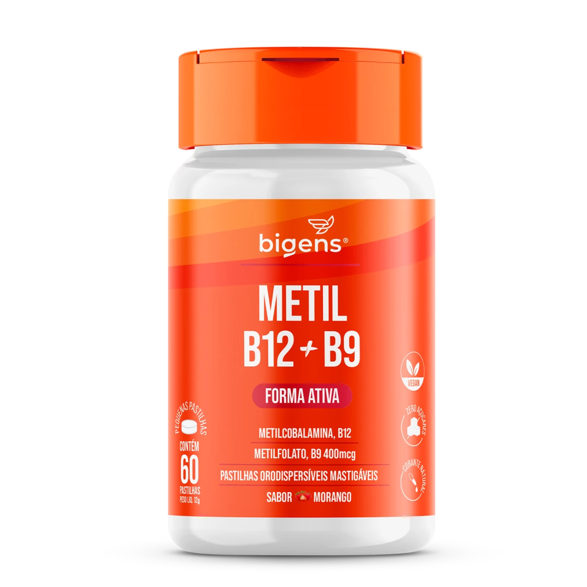 Metil B12 + Metil B9 | Forma Ativa Sabor Morango 60 Pastilhas - Bigens