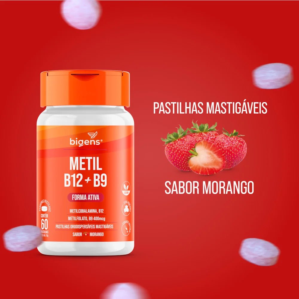 Metil B12 + Metil B9 | Forma Ativa Sabor Morango 60 Pastilhas - Bigens