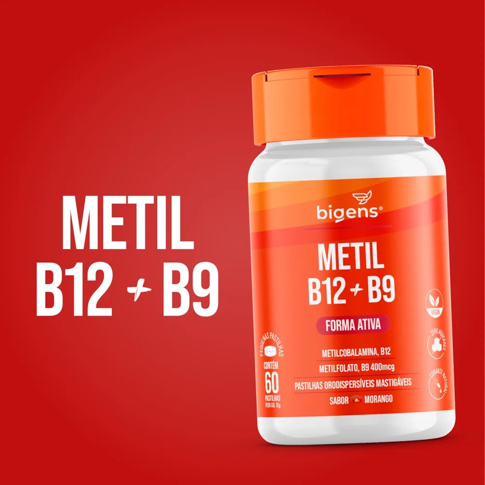 Metil B12 + Metil B9 | Forma Ativa Sabor Morango 60 Pastilhas - Bigens