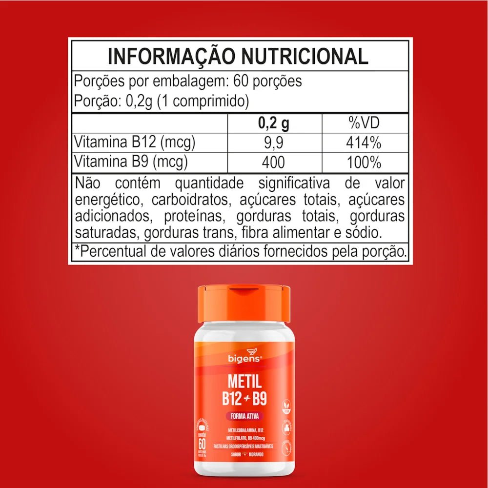 Metil B12 + Metil B9 | Forma Ativa Sabor Morango 60 Pastilhas - Bigens